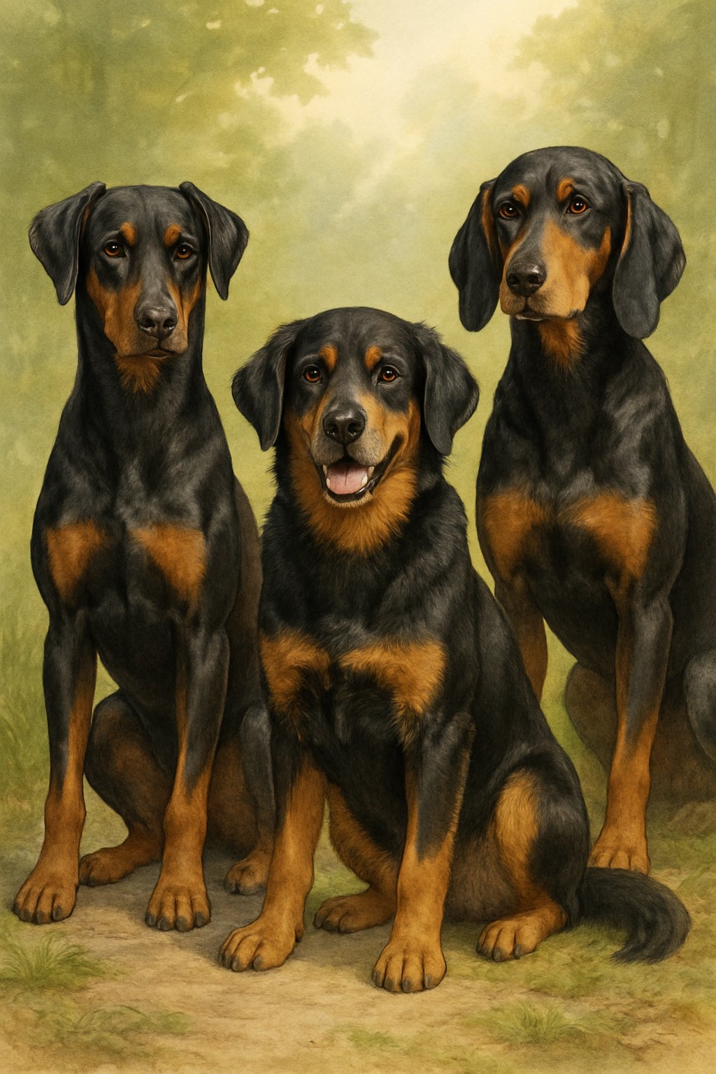 Three black and tan dogs sitting and standing outdoors with greenery in the background.