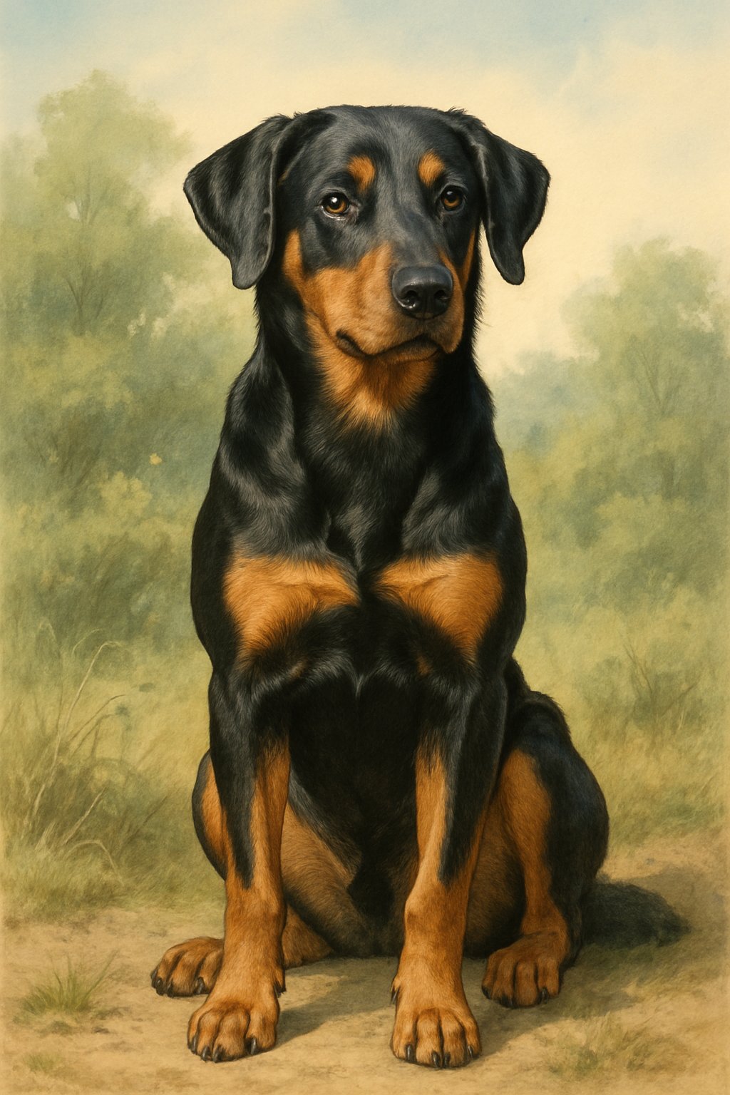 A male Black and Tan dog sitting outdoors with a natural green background.