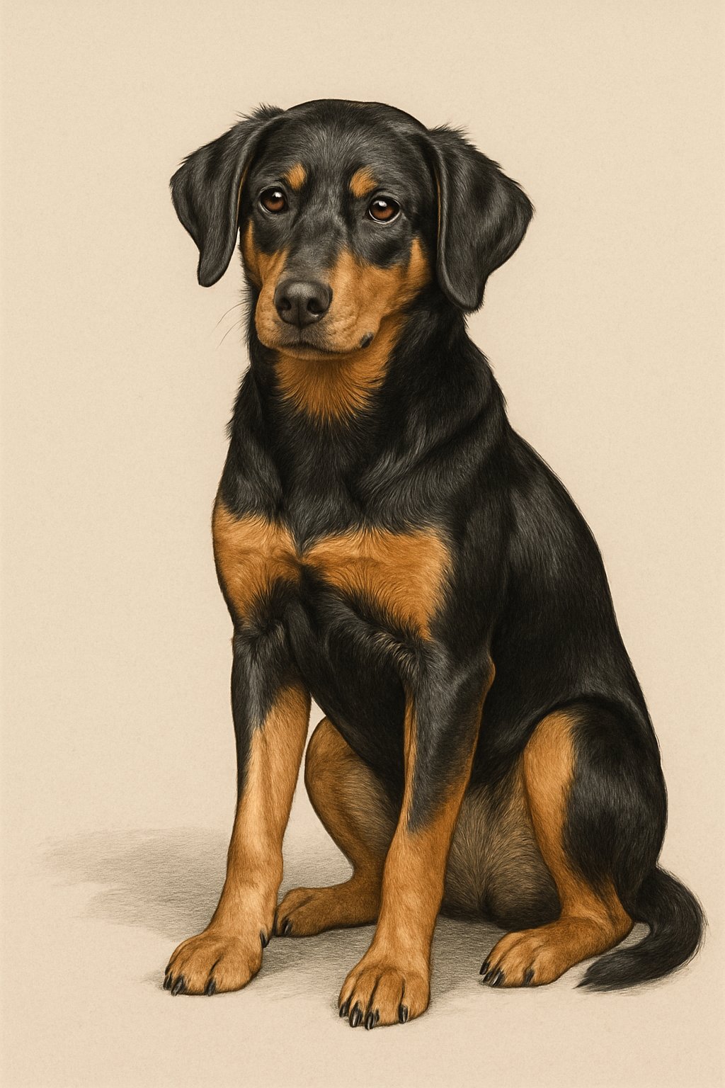 A female Black and Tan dog sitting calmly with distinct black and tan fur markings.