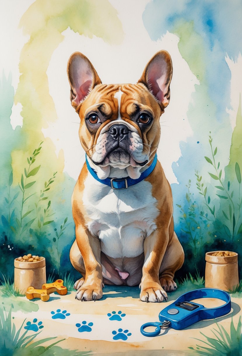 A French Bulldog sitting attentively surrounded by training tools and a path of paw prints in a calm, cozy setting.