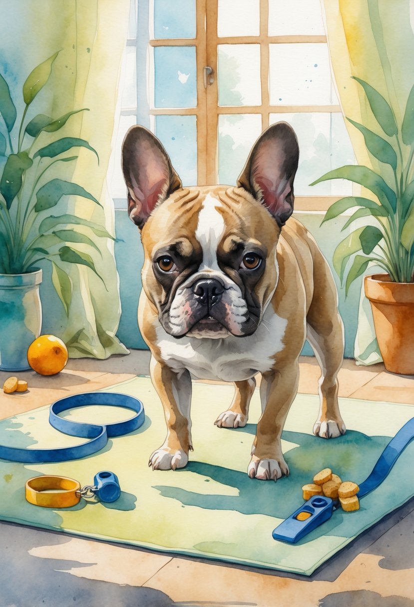 A French Bulldog attentively participating in a training session indoors with training tools nearby and soft natural light coming through a window.