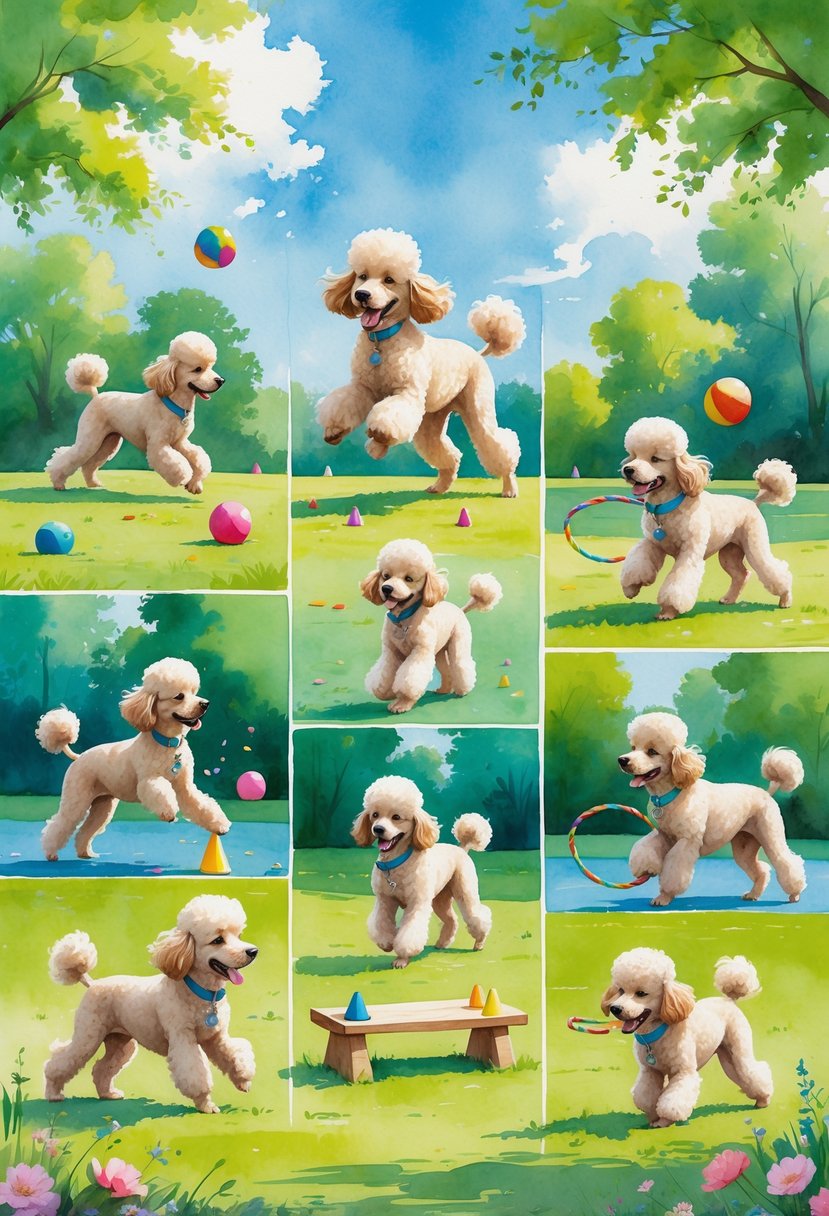 A poodle playing seven different training games outdoors in a park, including fetching, jumping through a hoop, weaving cones, sitting for a treat, balancing on a plank, tug-of-war, and running with a trainer.