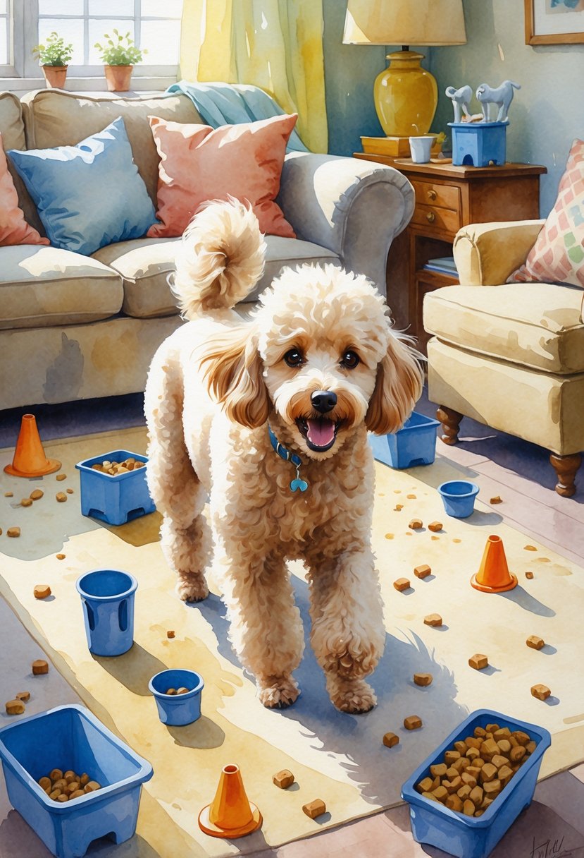 A playful poodle searching for hidden treats in a cozy living room filled with dog toys and small training game items.
