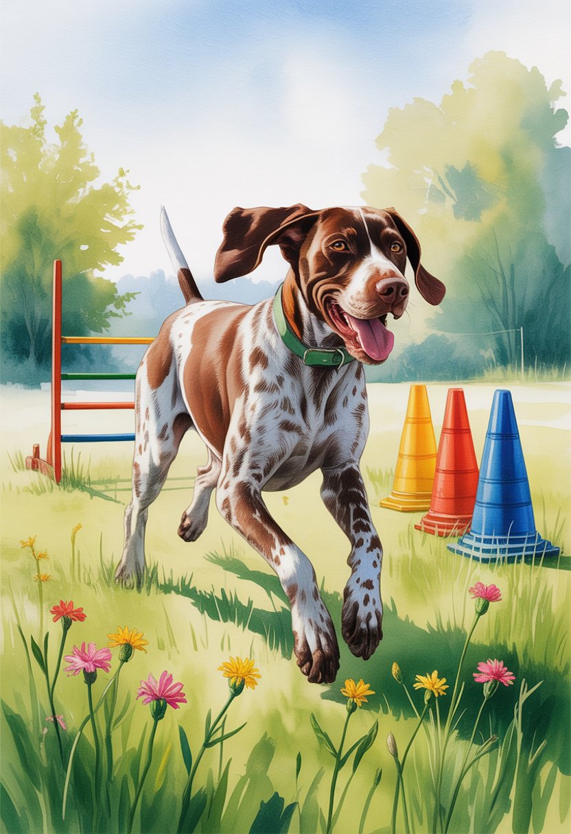 A German Shorthaired Pointer happily running in a green field with training equipment nearby under a clear sky.