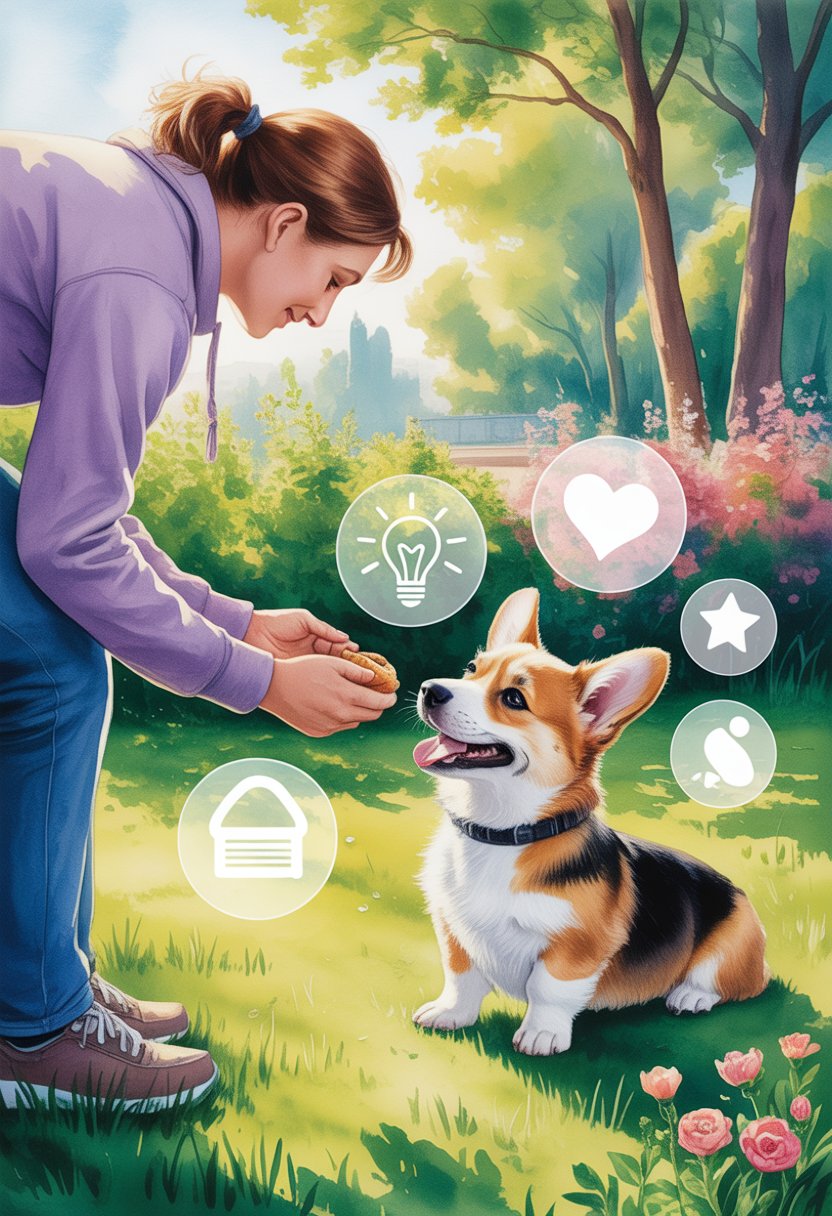 A person rewarding a corgi puppy with a treat outdoors in a sunny park surrounded by grass and trees.