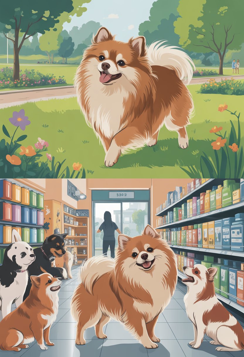 A Pomeranian dog happily exploring a park and a pet store, interacting gently with the surroundings.
