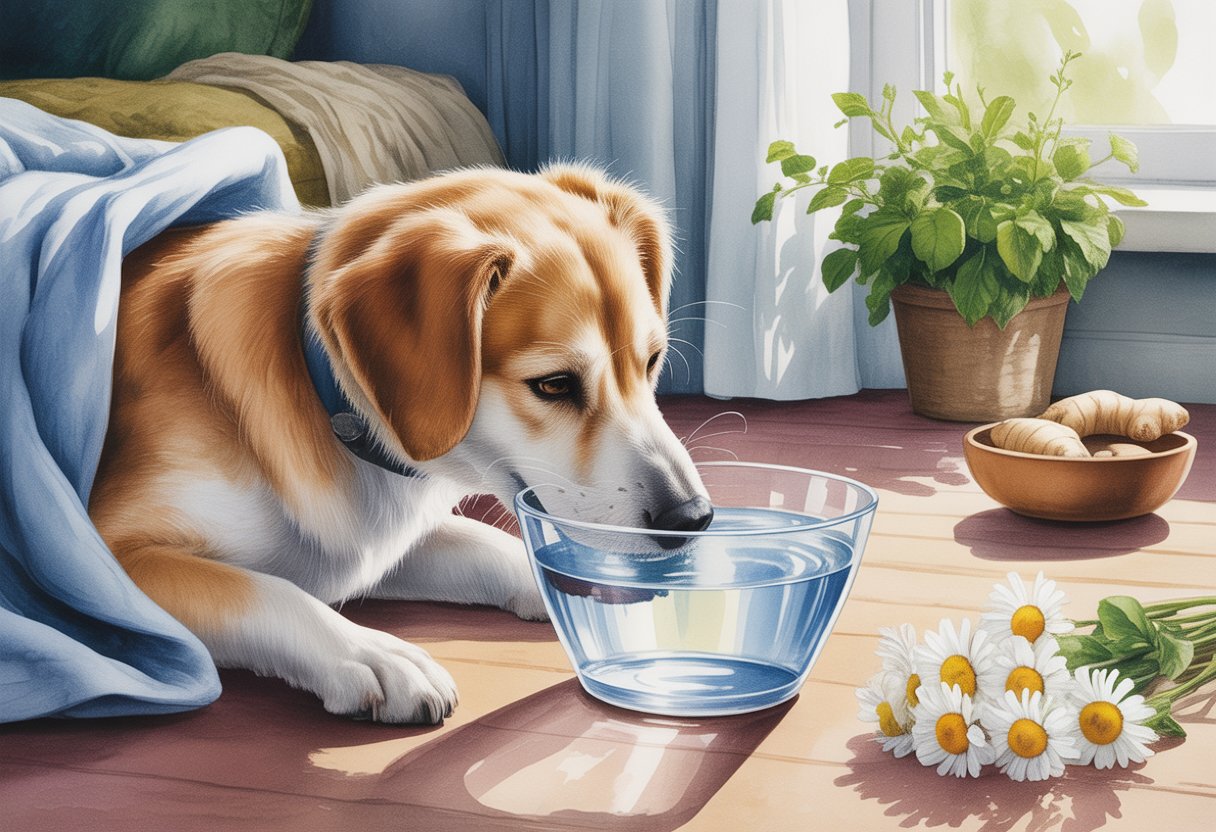 A dog drinking water from a bowl inside a cozy home environment with natural light and plants nearby.