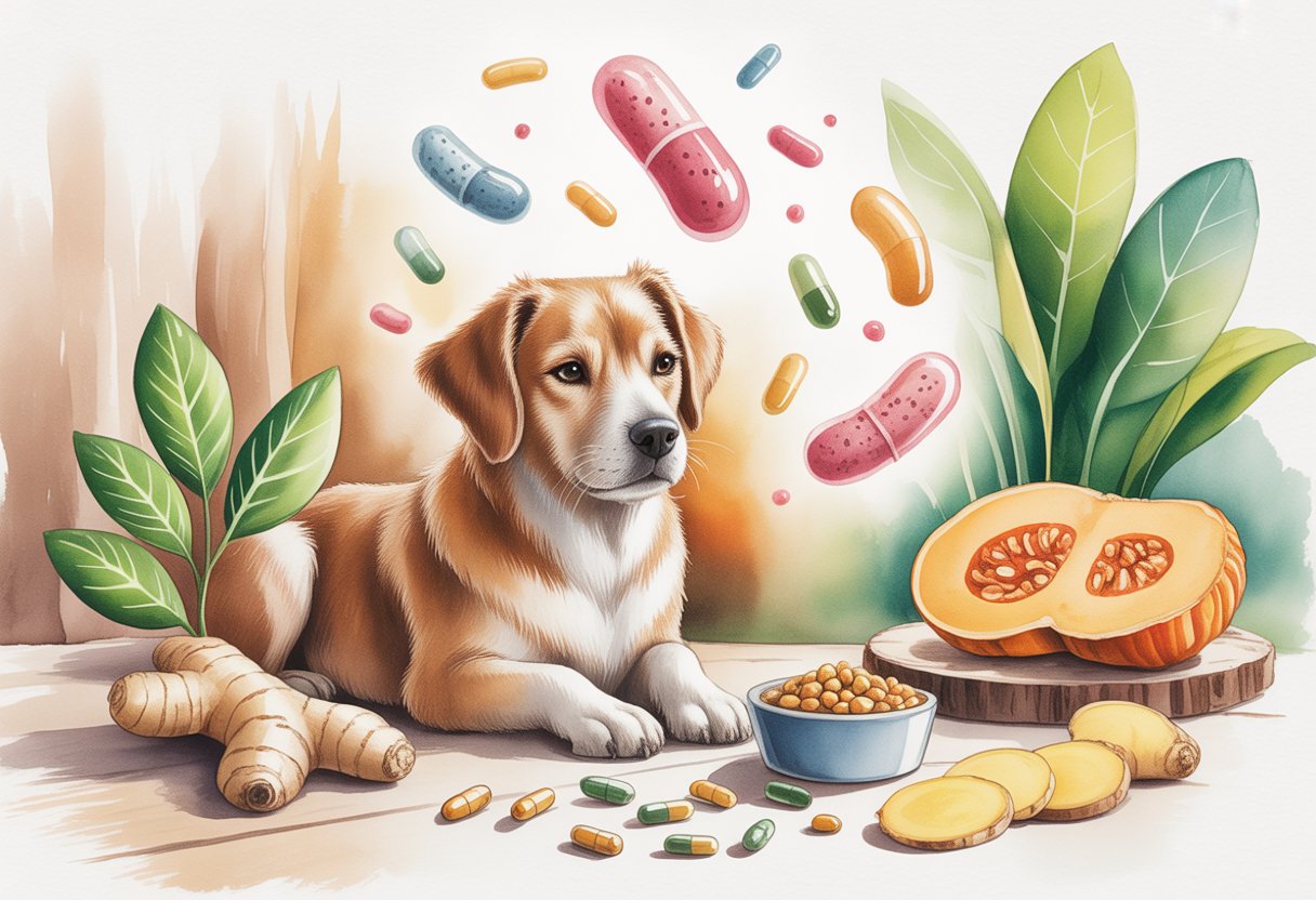 A calm dog sitting indoors next to a bowl of probiotic supplements and natural ingredients on a wooden floor.