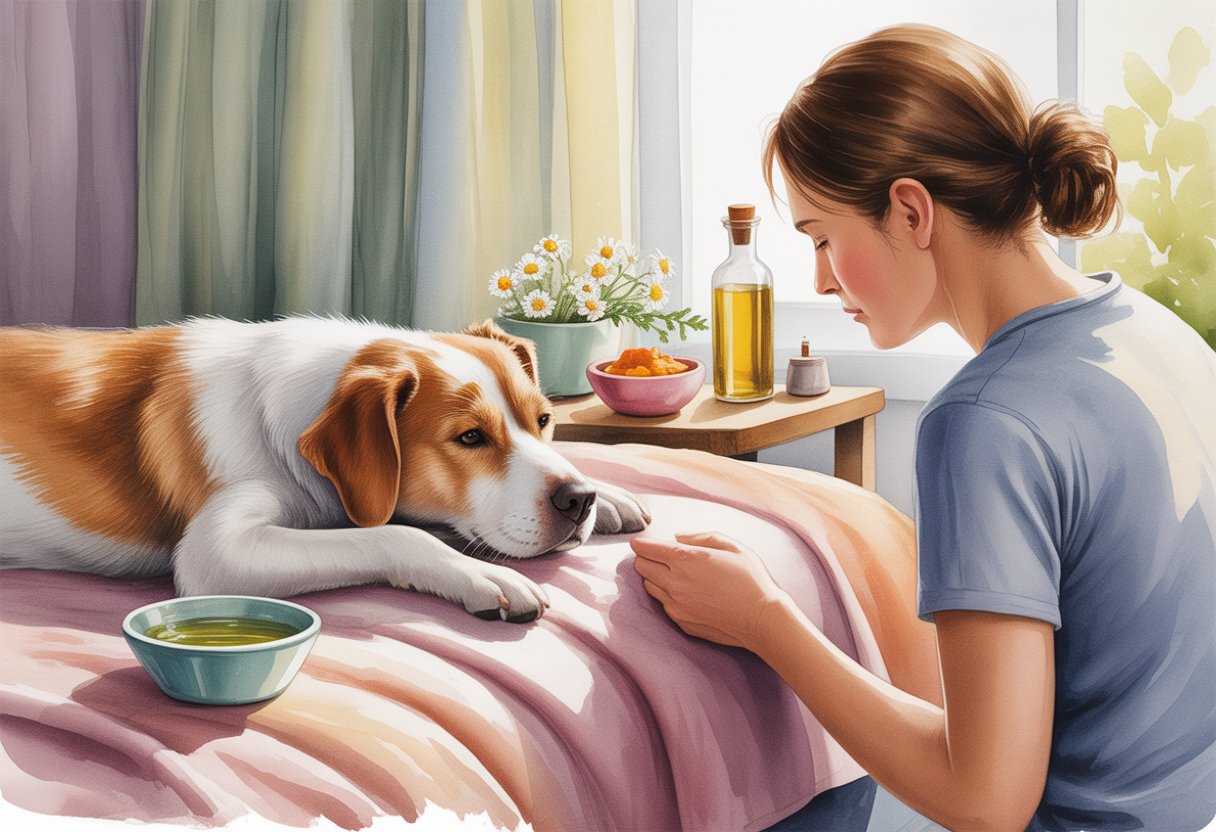 A person watching their dog resting on a blanket at home with natural remedies nearby.