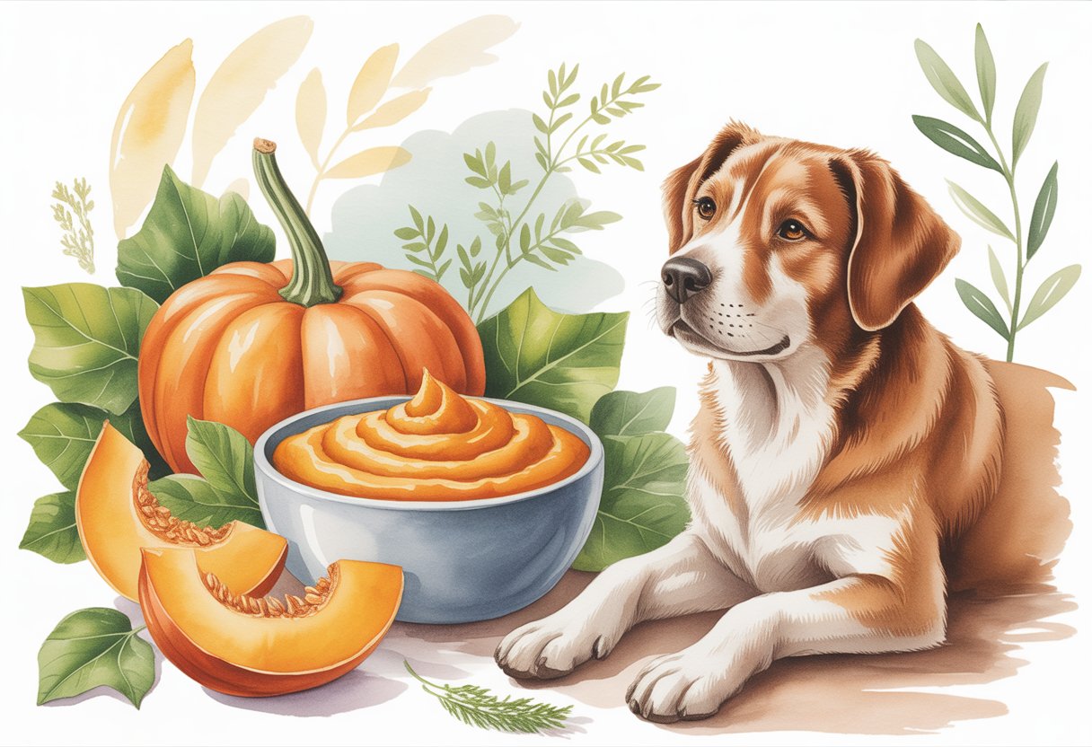 A happy dog sitting next to a bowl of pumpkin puree with pumpkin slices and green leaves around it.