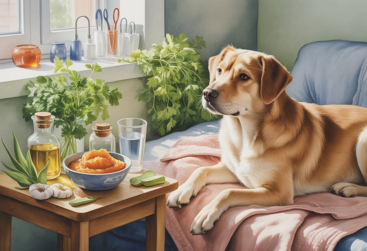 A calm dog sitting on a blanket next to natural remedies like pumpkin, olive oil, and herbs, with a veterinarian's office visible in the background.