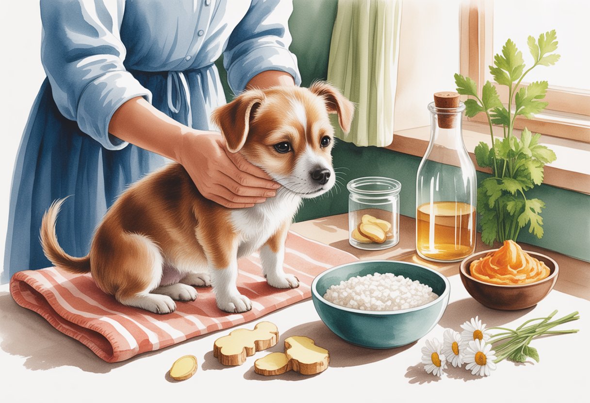 A person caring for a small dog on a towel in a kitchen with bowls of water and food, surrounded by natural ingredients like ginger, parsley, and chamomile.