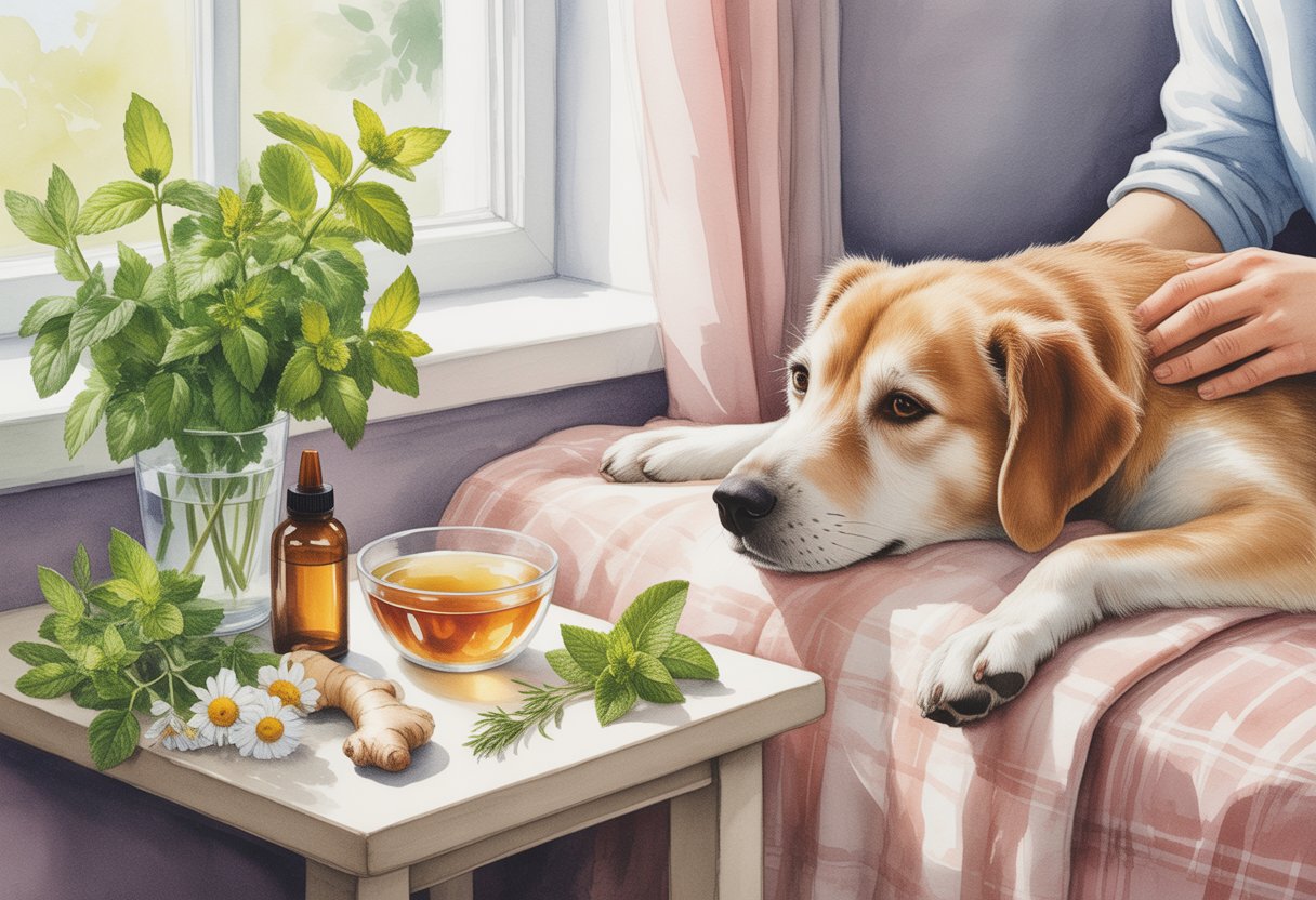 A dog resting on a blanket near a window with a person gently petting it and natural remedies on a nearby table.