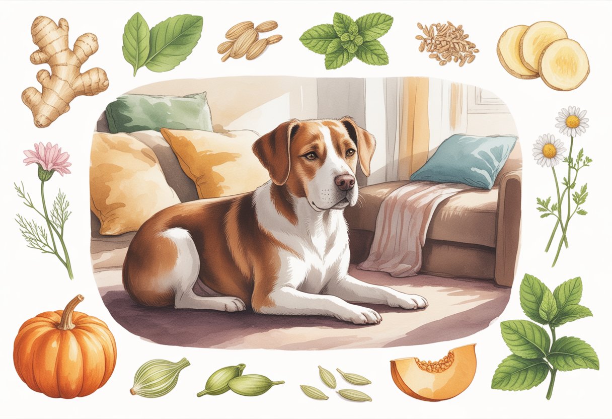 A calm dog sitting peacefully indoors surrounded by natural plants and herbs used as home remedies.
