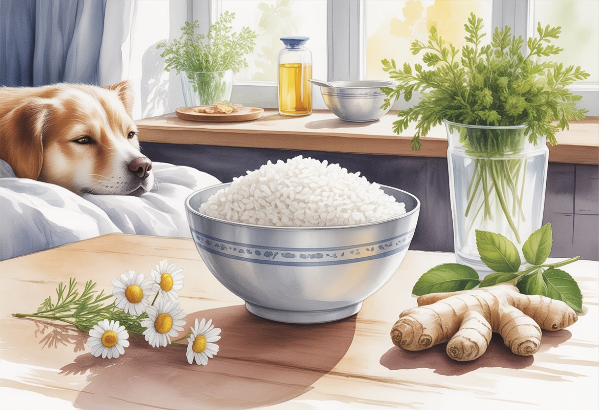 A bowl of steamed white rice on a wooden table with a calm dog resting nearby and fresh herbs around.