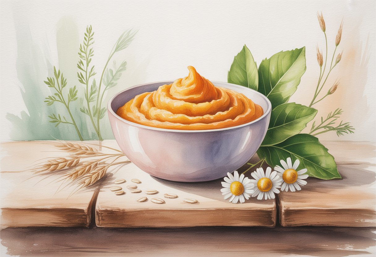 A bowl of pumpkin puree on a wooden table surrounded by green leaves, chamomile flowers, and oat grains.