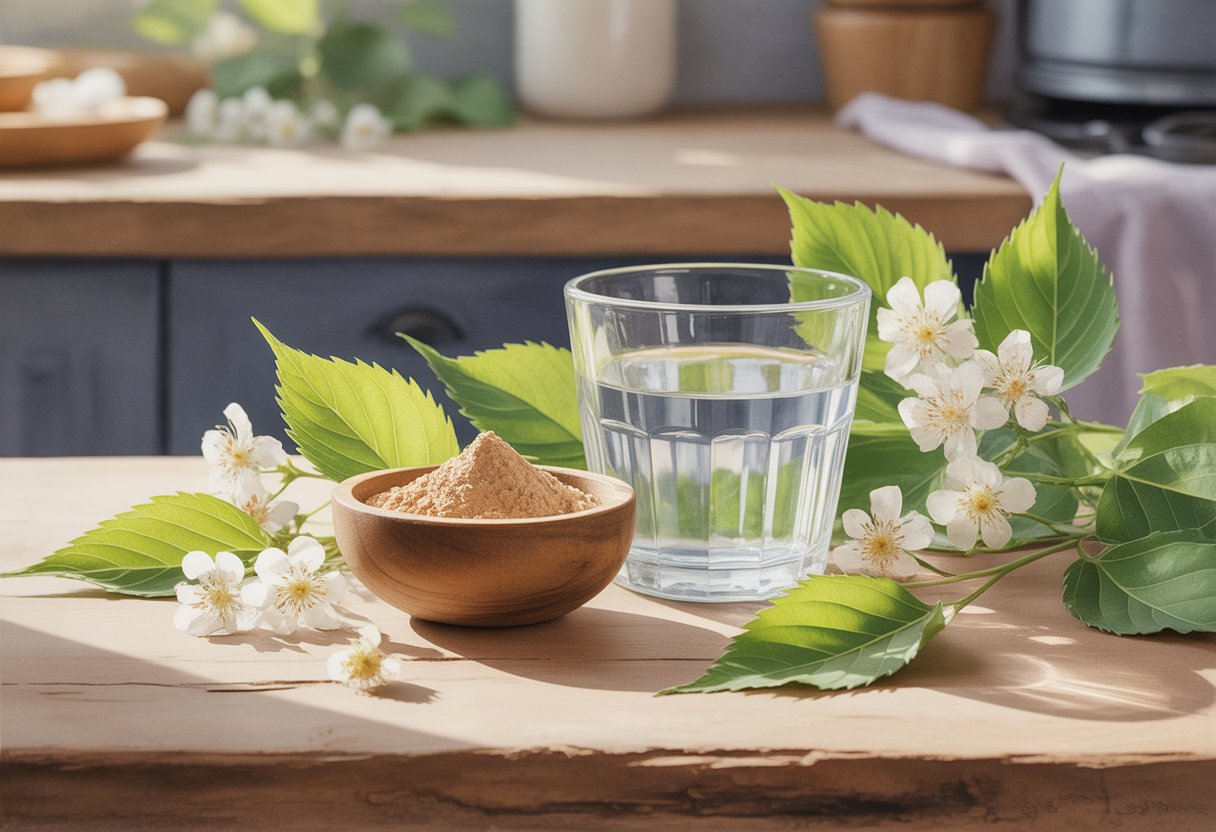 A bowl of slippery elm powder next to a glass of water on a wooden table, surrounded by green leaves and white flowers.