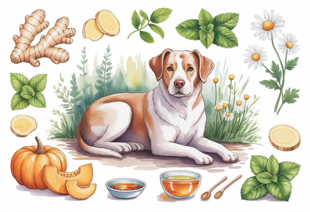 A calm dog sitting peacefully surrounded by natural plants and herbs associated with soothing stomach remedies.