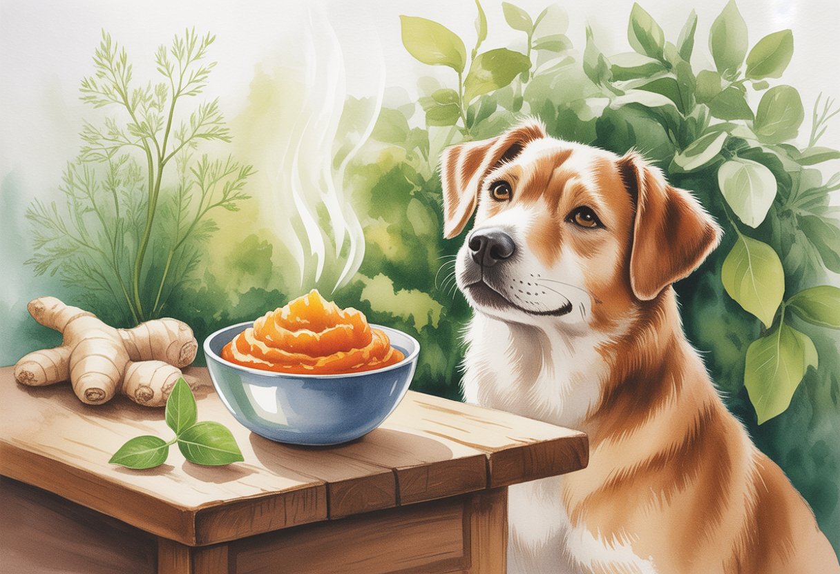 A calm dog sitting near a bowl of pumpkin puree on a wooden table surrounded by herbs in a cozy kitchen.