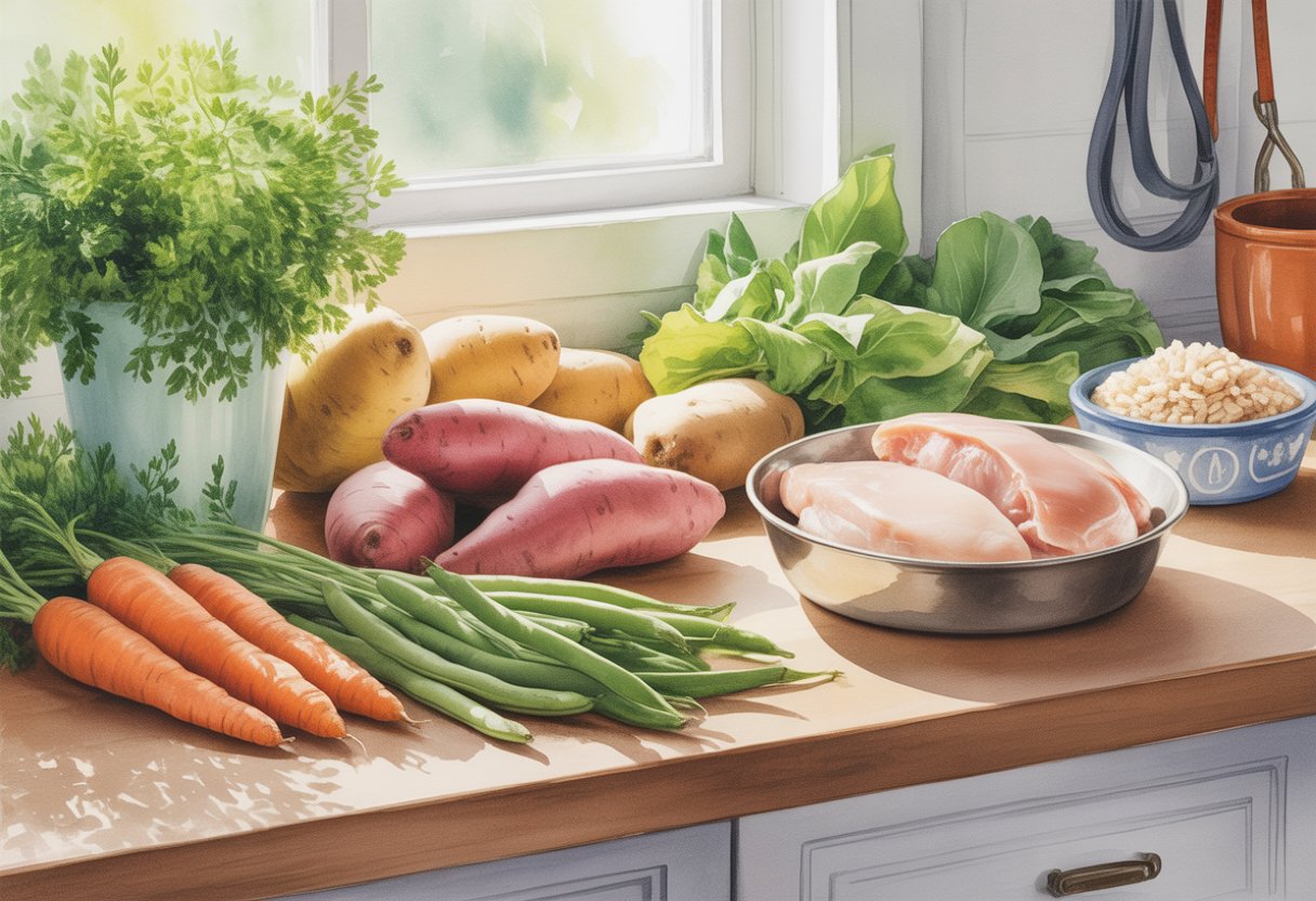 A cozy kitchen countertop with fresh vegetables, cooked chicken, and rice, alongside a dog bowl and leash.