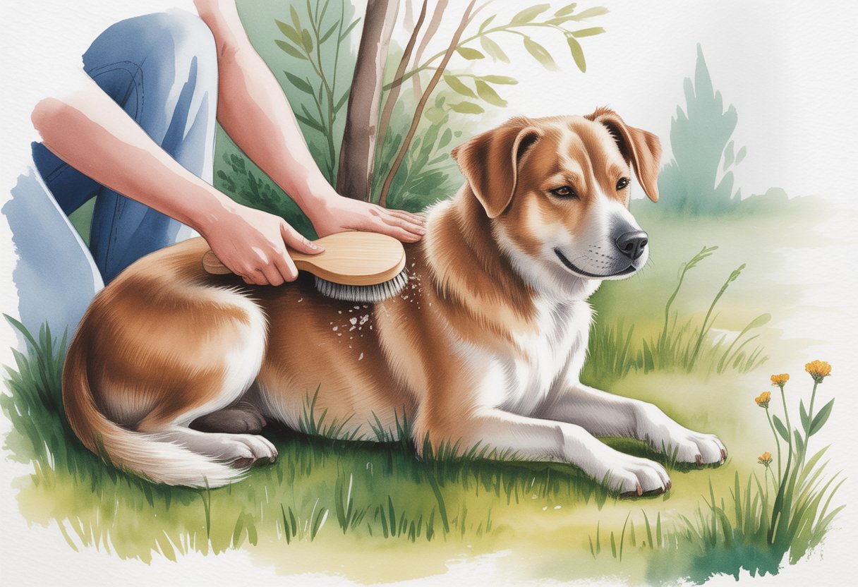 A person gently brushing a calm dog’s fur outdoors with soft sunlight and greenery around.