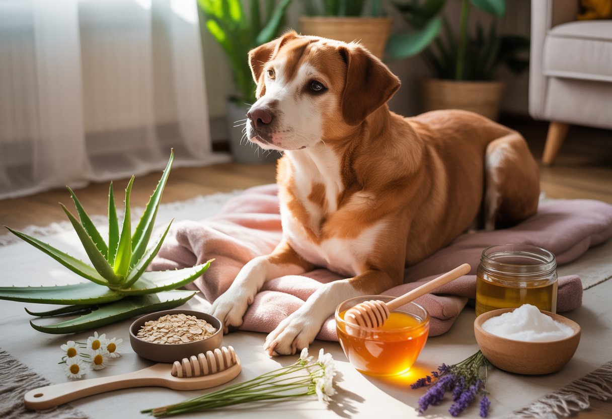 A calm dog sitting on a blanket surrounded by natural home remedies like aloe vera, oatmeal, chamomile flowers, coconut oil, honey, lavender, baking soda, and a brush in a cozy room.