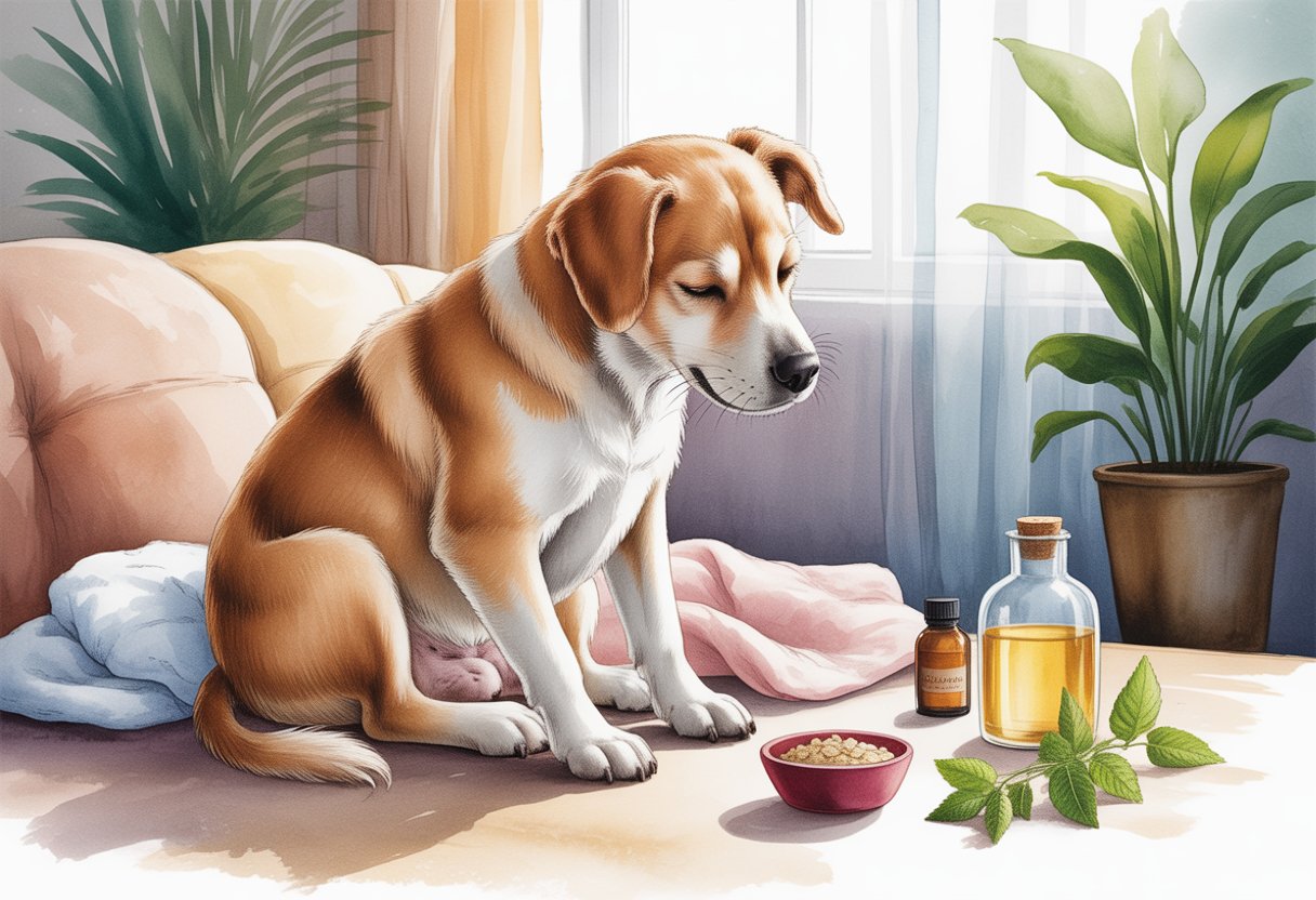 A dog sitting indoors scratching behind its ear with home treatment items like oatmeal, natural oil, and herbs placed nearby.