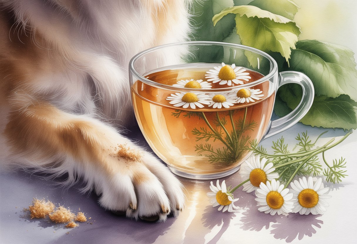 A glass teacup with chamomile flowers floating inside, surrounded by soft dog fur strands, set against a natural background with green leaves and sunlight.