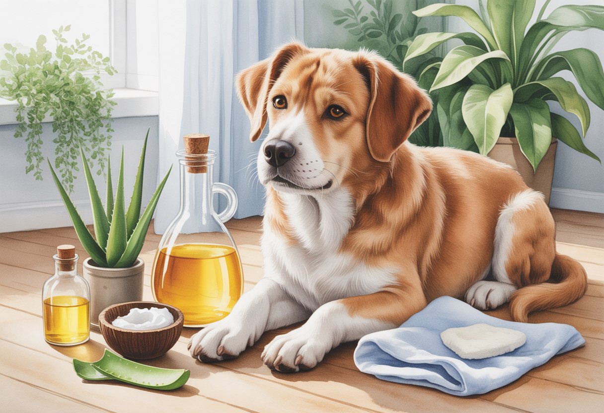A dog sitting calmly indoors surrounded by natural items like coconut oil, honey, aloe vera, olive oil, and a cloth.