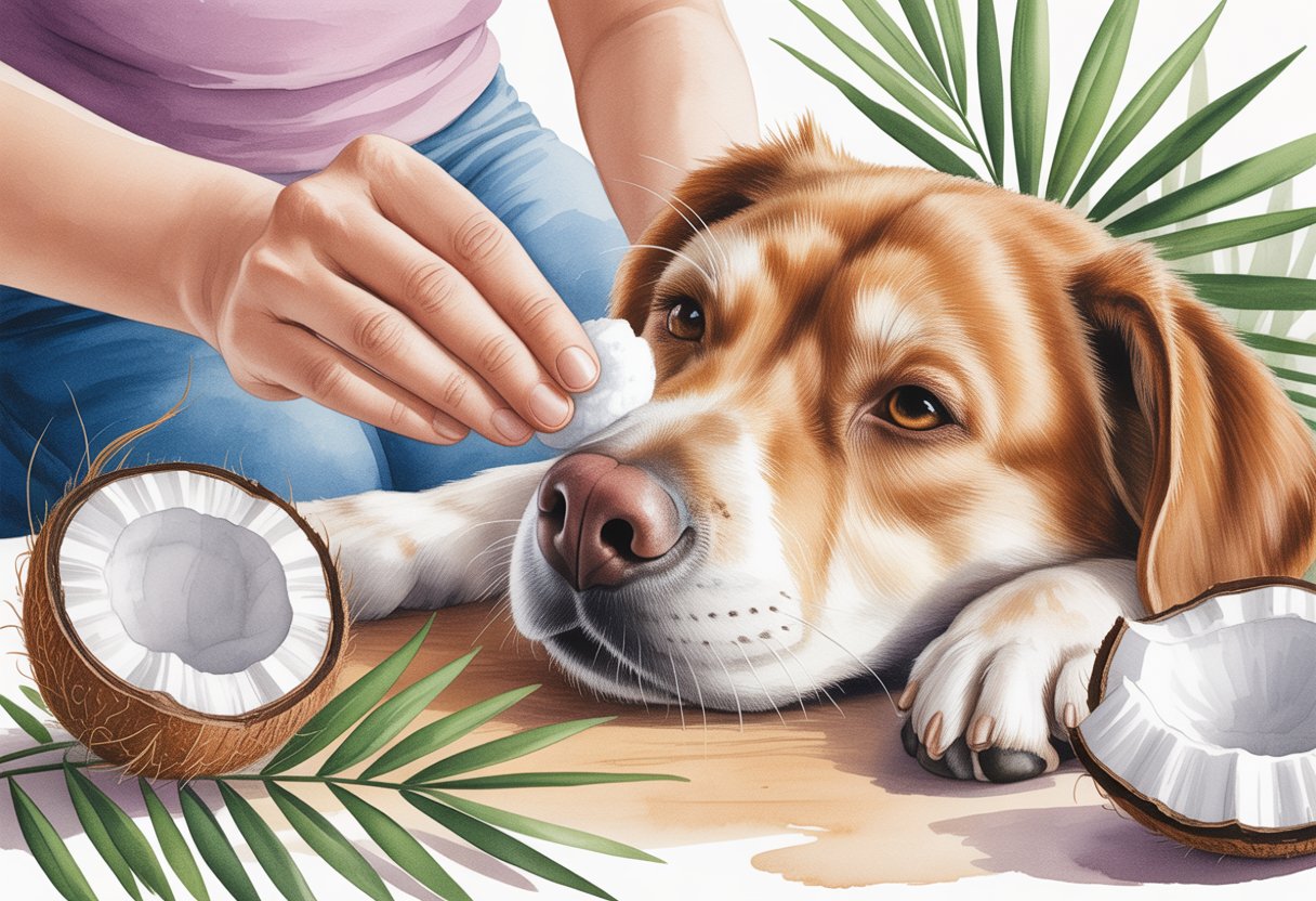 A person gently applying coconut oil to a dog's nose with a cotton ball while the dog looks relaxed.