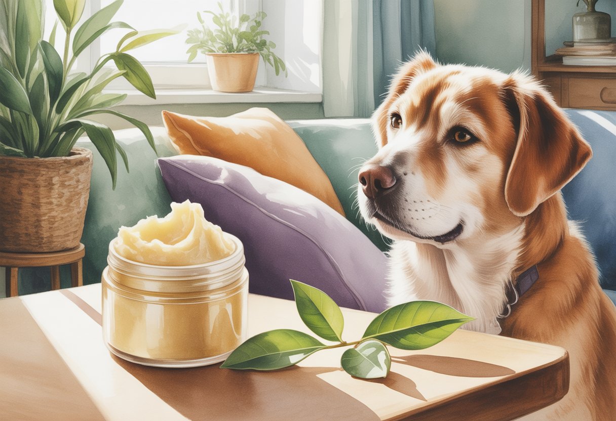 A dog sitting calmly next to an open jar of shea butter and green leaves on a wooden table in a cozy home setting with sunlight coming through a window.
