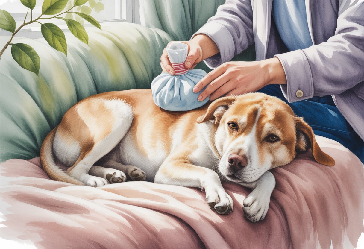 A person gently applying a cold compress to a calm dog resting on a blanket indoors.