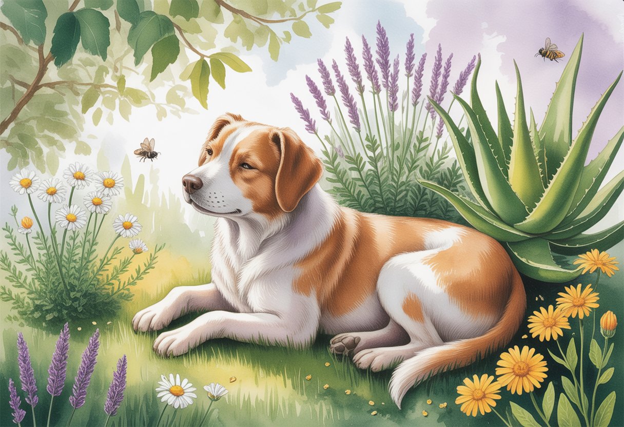 A calm dog resting in a garden surrounded by healing plants like aloe vera and lavender, with sunlight filtering through leaves.