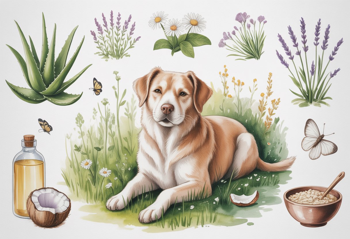 A calm dog sitting in a garden surrounded by aloe vera, lavender, chamomile, coconut oil, and oatmeal, with butterflies and wildflowers nearby.