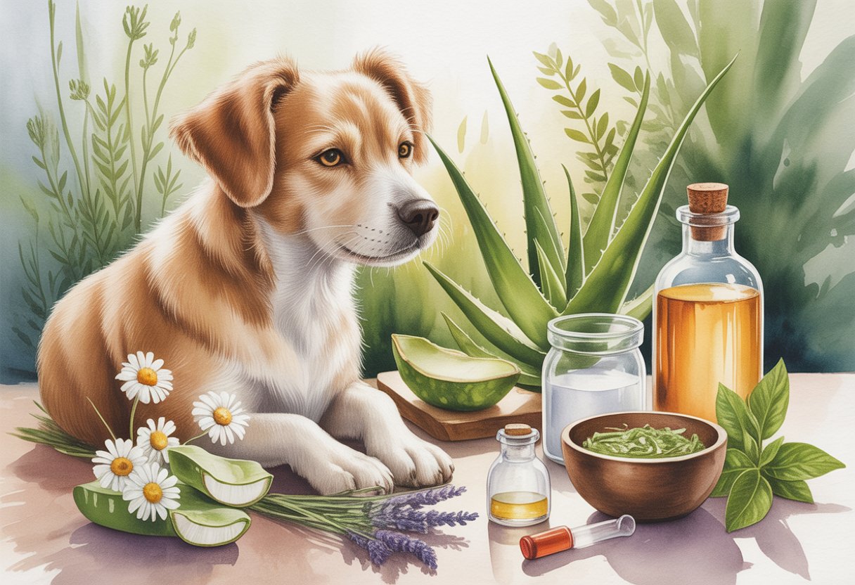 A calm dog surrounded by natural plants and remedies like aloe vera, chamomile, coconut oil, and lavender in a gentle outdoor setting.
