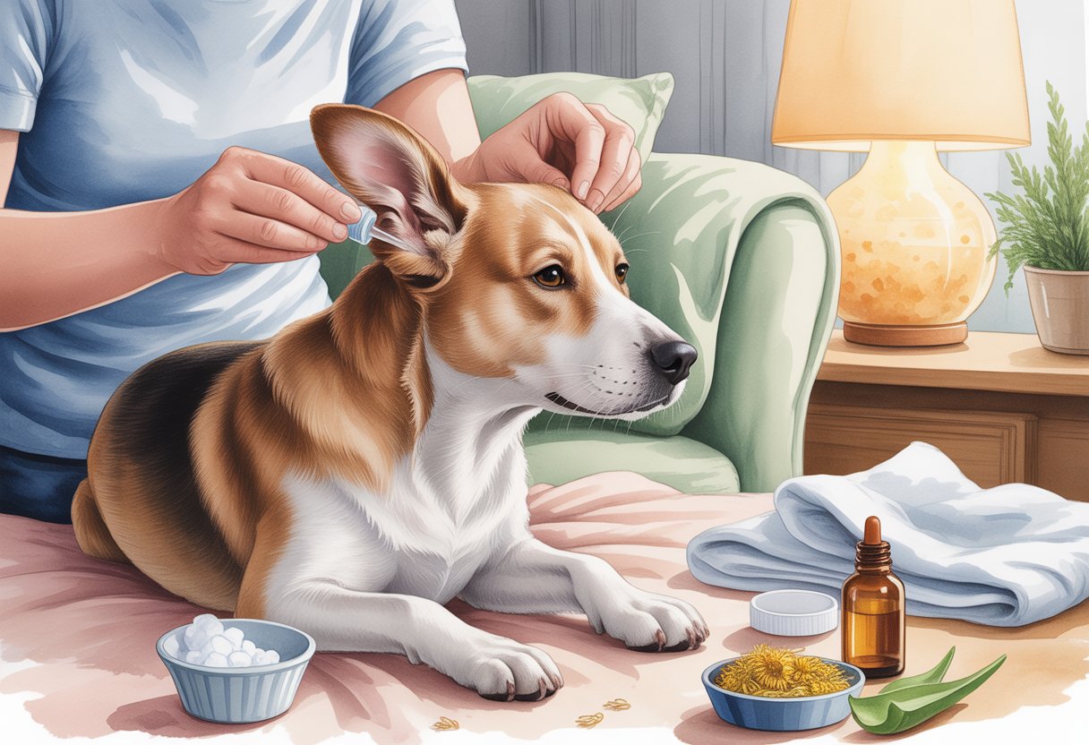 A person gently treating a dog's ear at home with natural remedies in a cozy living room.