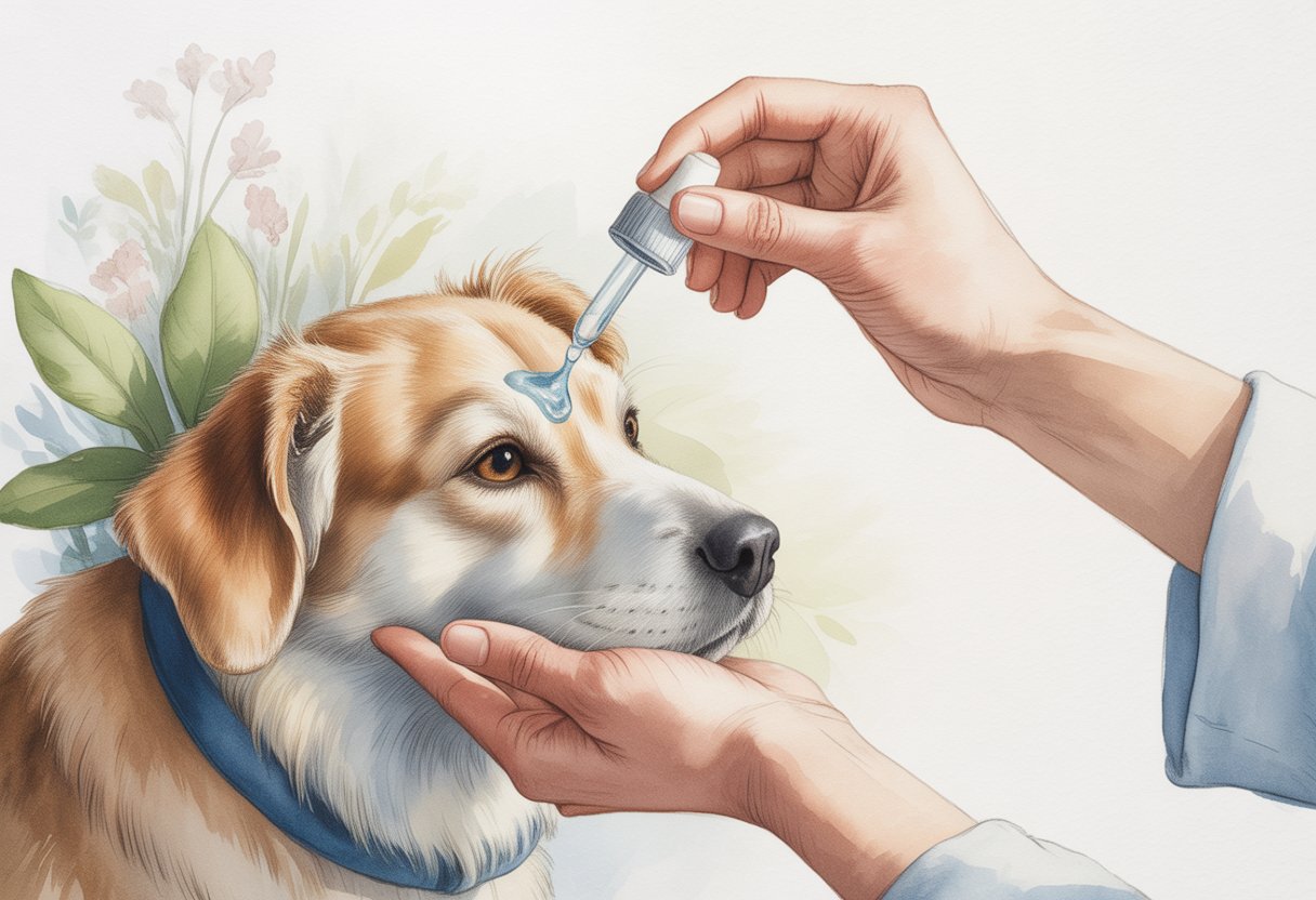 A calm dog receiving a gentle saline eye wash from a caring hand.