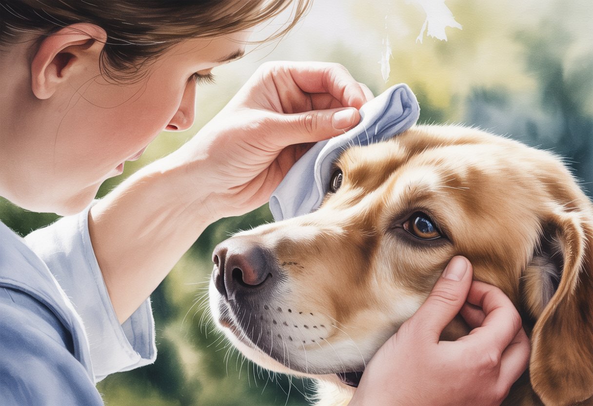 A person gently cleaning a dog's eye with a cloth while the dog looks calm.