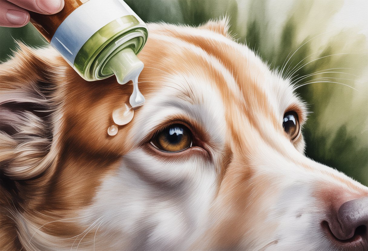 Close-up of a dog's eye with coconut oil being gently applied around it.