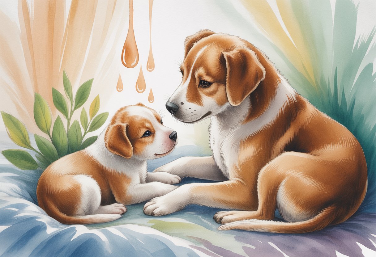 A mother dog nursing her puppy with gentle drops falling toward the puppy's eyes in a warm, cozy setting surrounded by natural elements.