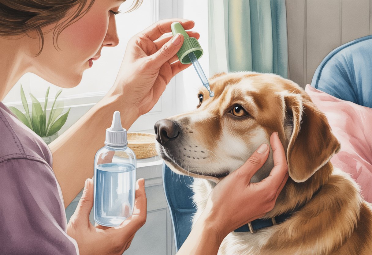 A person gently cleaning a dog's eye with a dropper while the dog sits calmly indoors.