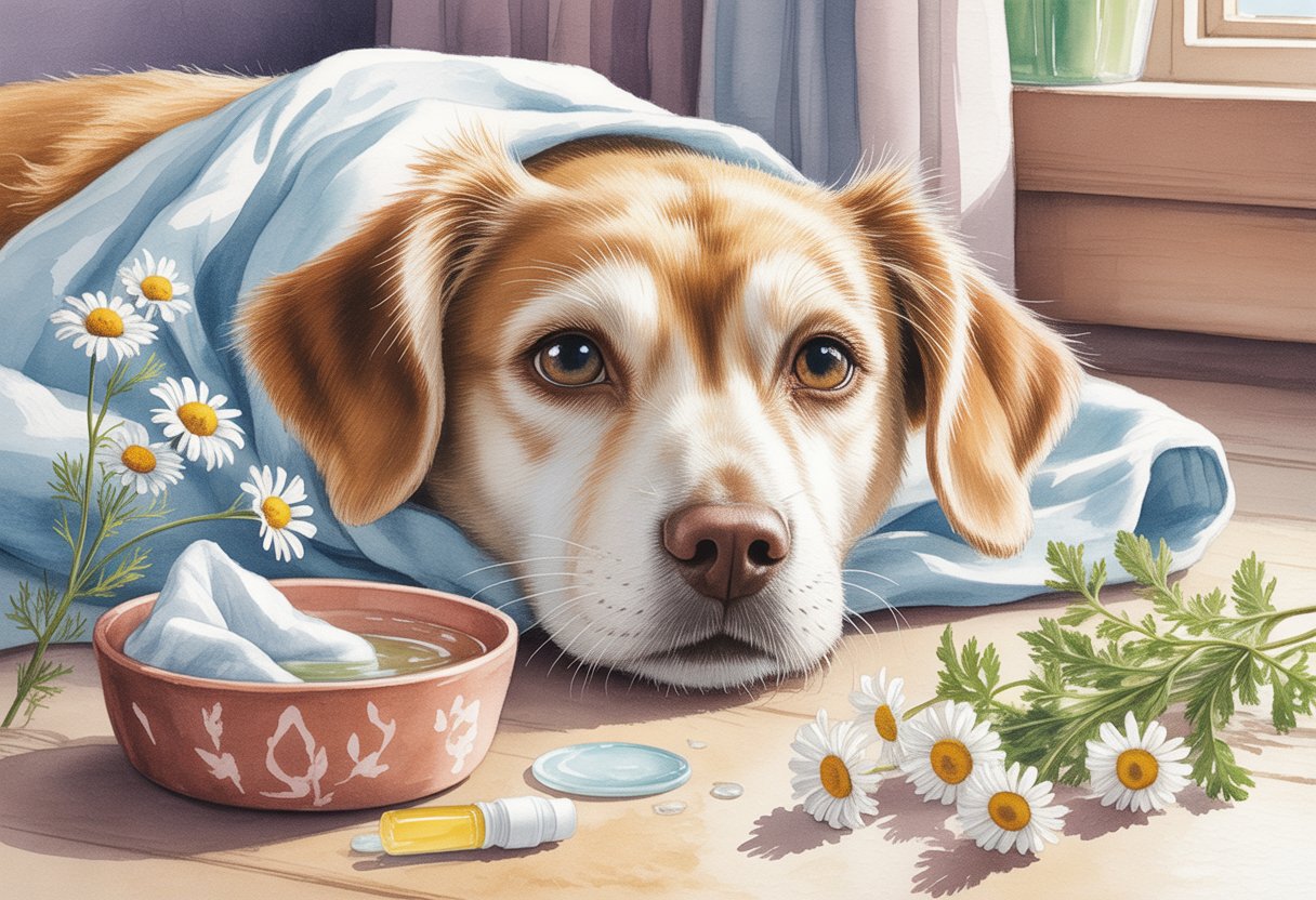 A calm dog with mild eye discharge surrounded by natural remedy items like chamomile flowers and a bowl of water in a cozy indoor setting.