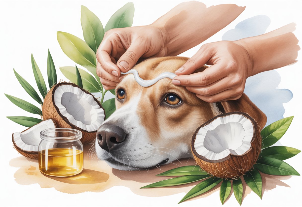 Close-up of a dog having coconut oil gently applied around its eyes by human hands, surrounded by coconuts and green leaves.