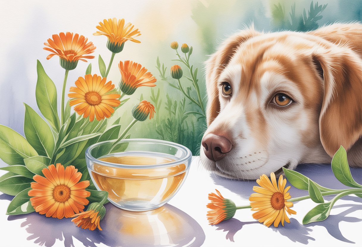 A friendly dog with watery eyes near a bowl surrounded by calendula flowers and leaves in a peaceful natural setting.