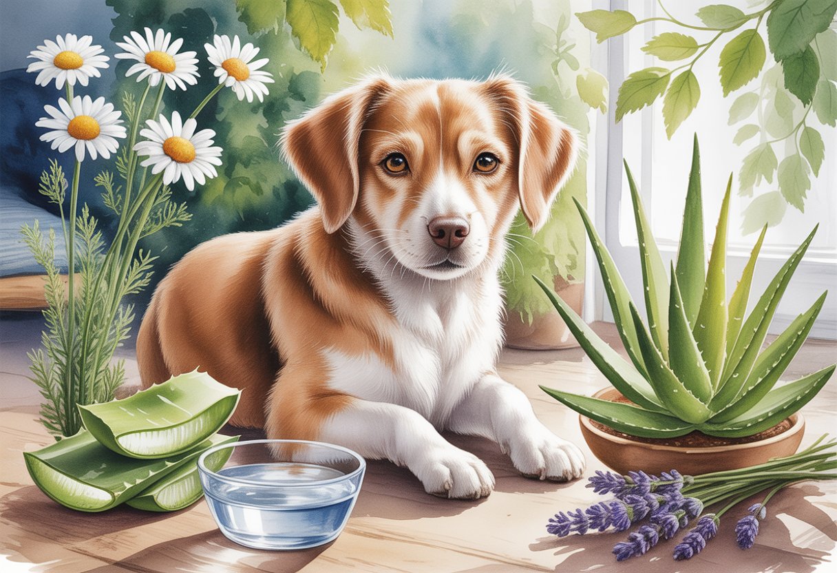 A gentle dog with watery eyes sitting calmly in a garden surrounded by chamomile flowers, aloe vera leaves, and lavender, with soft sunlight and a cozy home background.