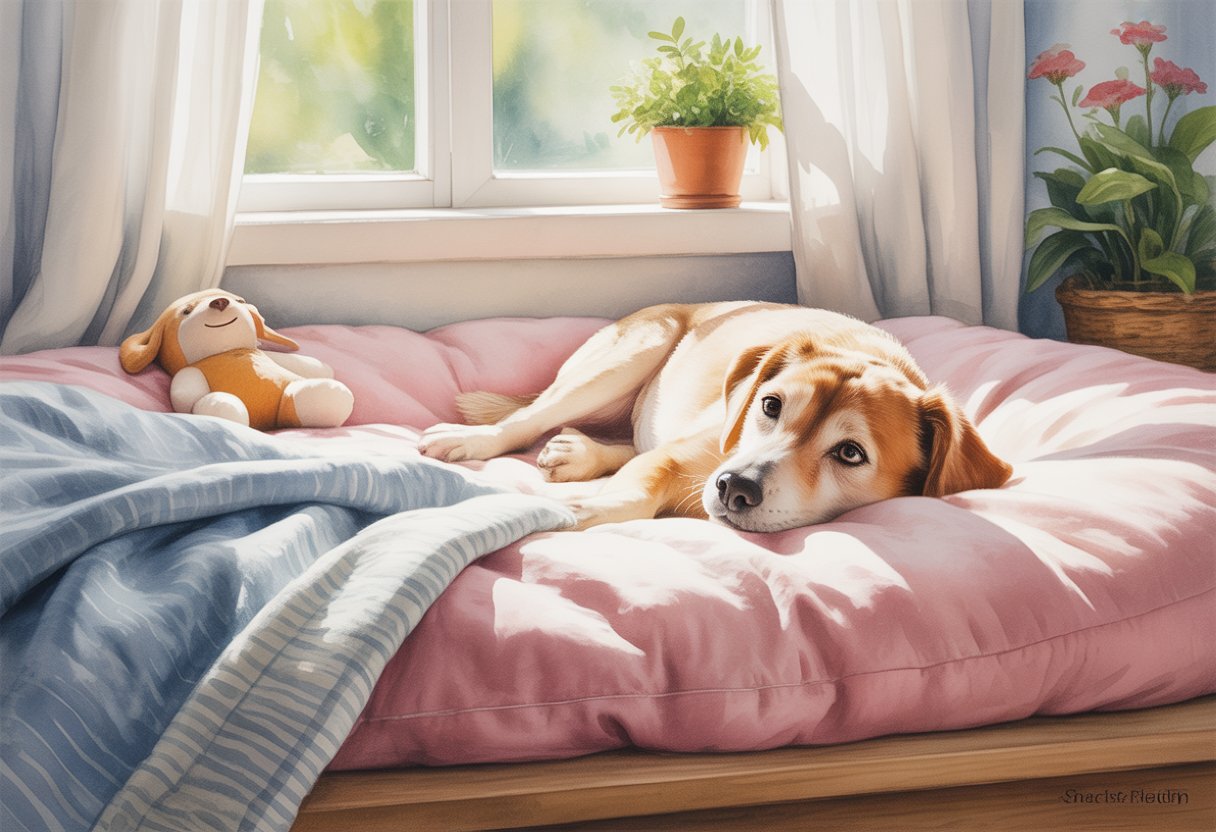 A calm dog resting peacefully on a clean, cozy bed inside a bright room with sunlight and plants nearby.