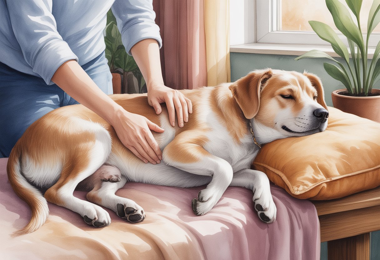 A person gently massaging a relaxed dog lying on a blanket in a cozy room with sunlight coming through a window.