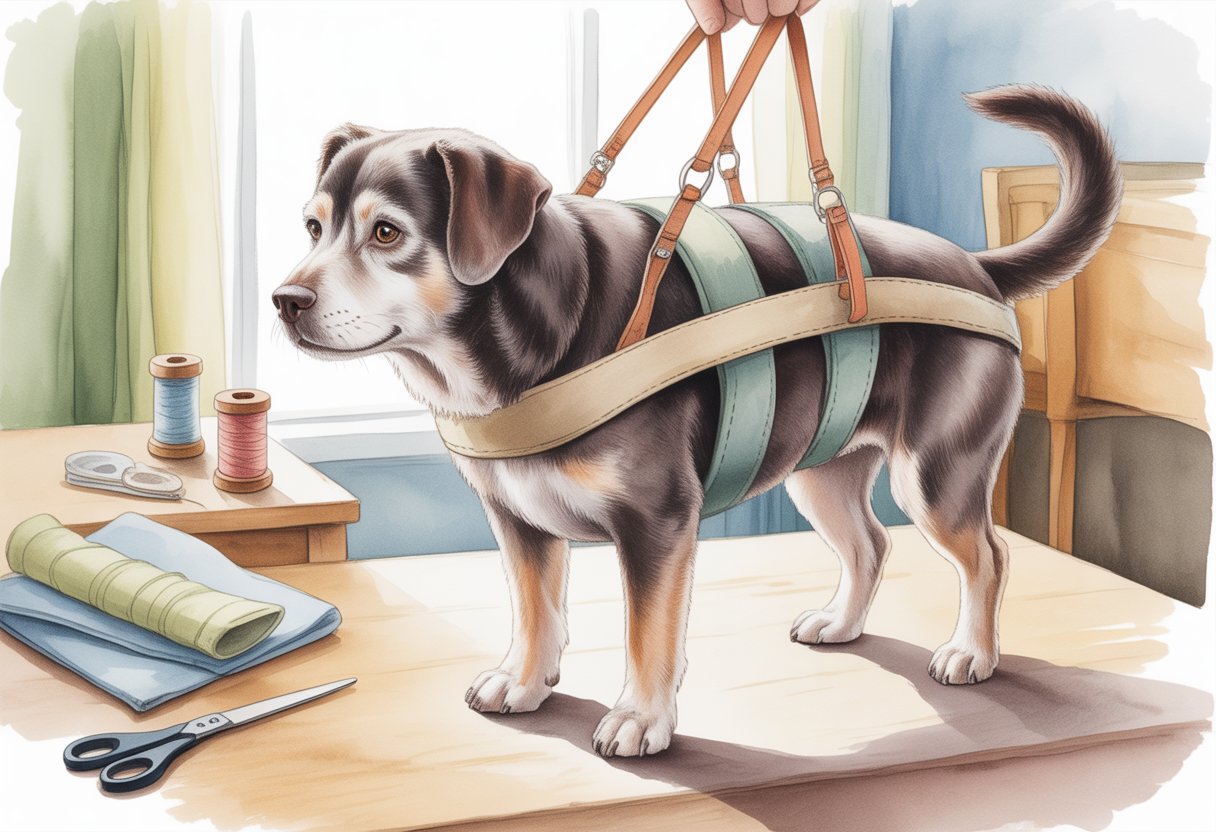 An elderly dog standing with support from a handmade mobility harness in a cozy indoor setting.