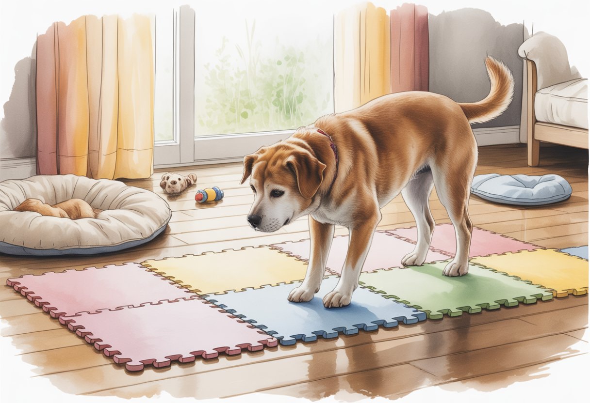 A senior dog walking carefully on pastel-colored foam mats inside a cozy home corner with natural light and a dog bed nearby.