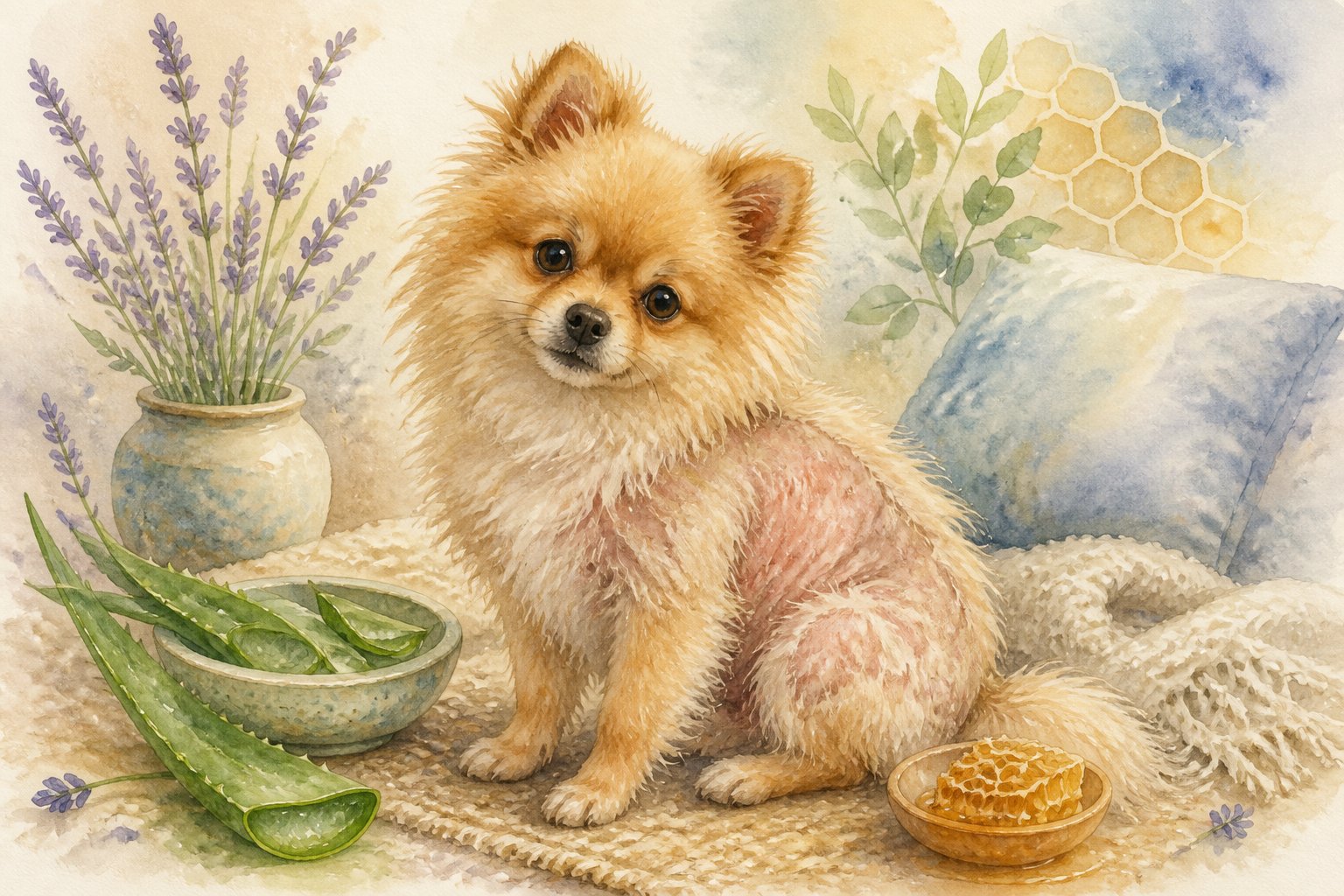 A small Pomeranian dog with a patchy coat sitting calmly indoors surrounded by natural plants and honeycomb patterns.